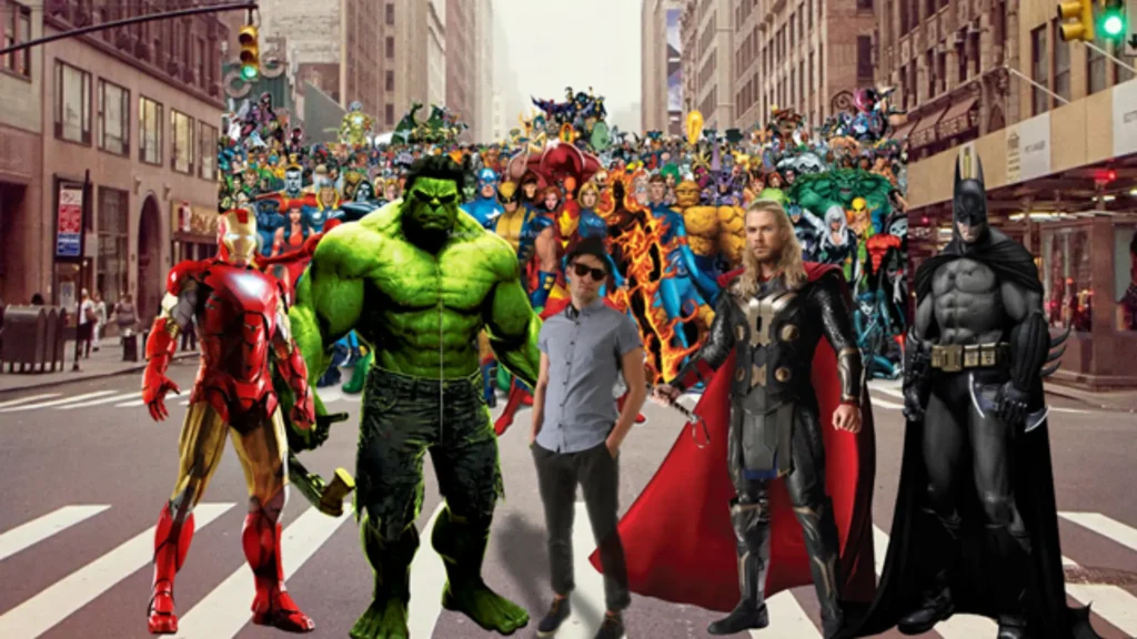 Participant intégré dans un décor digital de super-héros grâce à un photocall personnalisé avec incrustation graphique événementielle