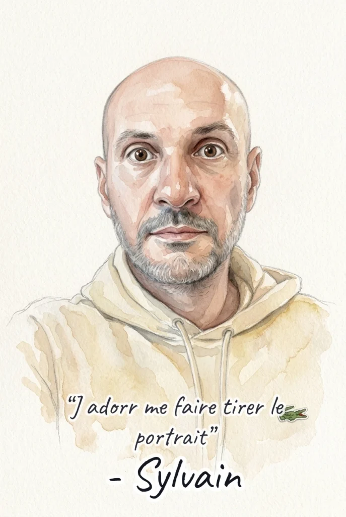 Portrait aquarelle d'un invité peint par IA avec une citation manuscrite