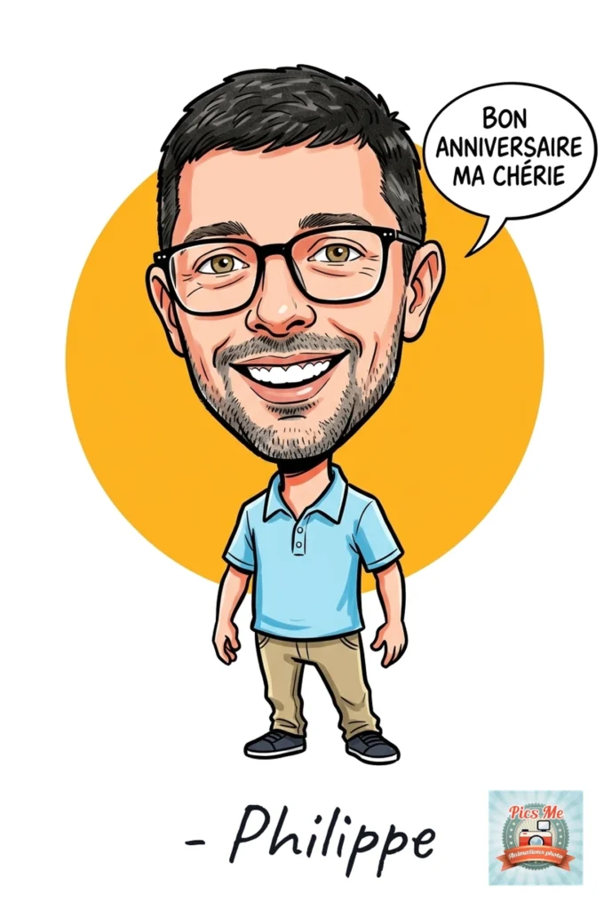 Caricature personnalisée par IA d'un invité avec une bulle « Bon anniversaire ma chérie »