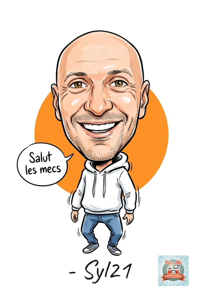 Caricature IA d'un invité avec une bulle « Salut les mecs », réalisée à partir d'un selfie