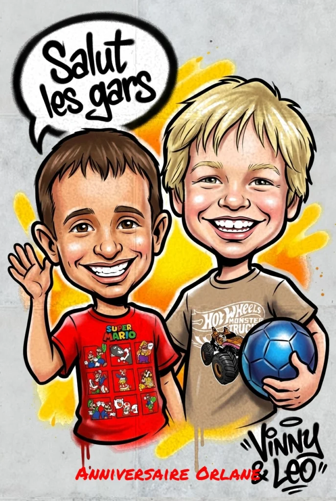 Caricature IA de groupe style graffiti : deux enfants avec une bulle « Salut les gars » pour un anniversaire