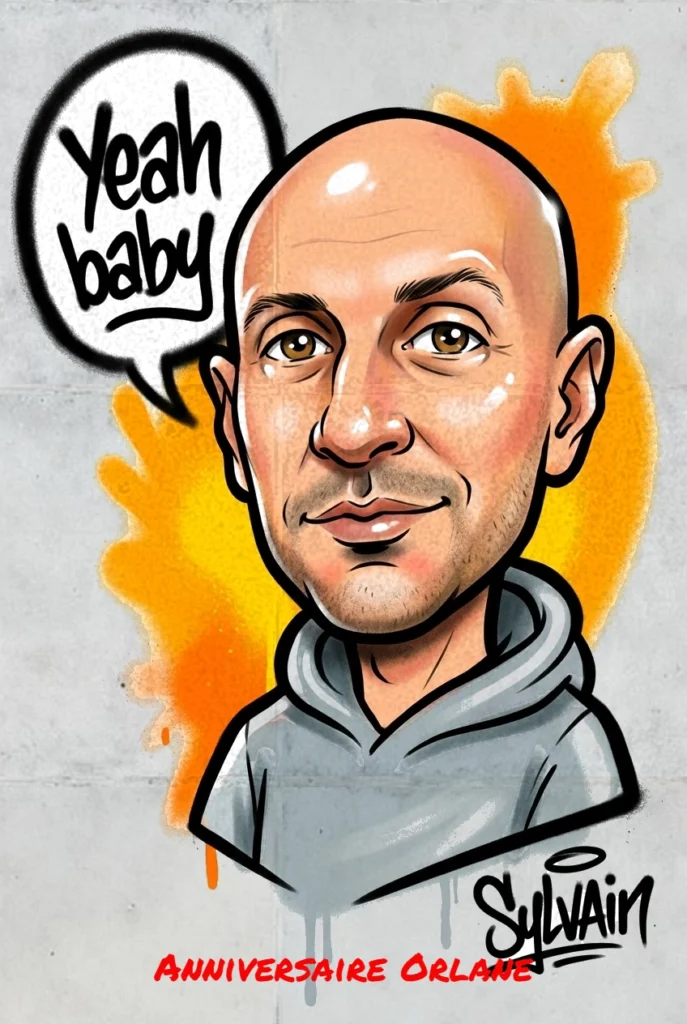 Caricature IA style graffiti street art d'un invité avec une bulle « Yeah baby »