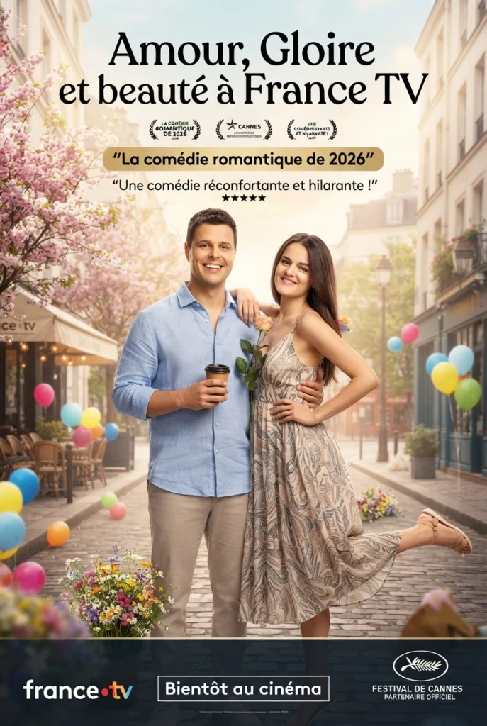 Affiche de comédie romantique personnalisée créée par le photobooth IA