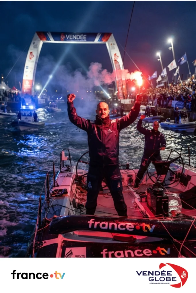 Montage photobooth IA d'un participant à bord d'un voilier du Vendée Globe