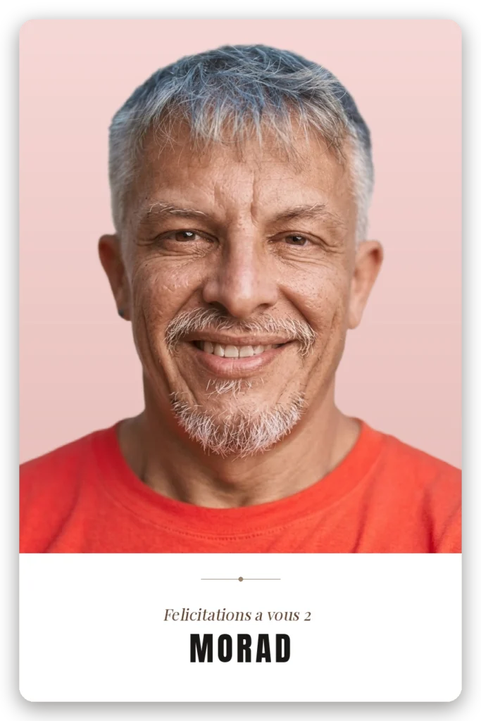 Portrait studio d'un invité retouché par IA avec un message de félicitations